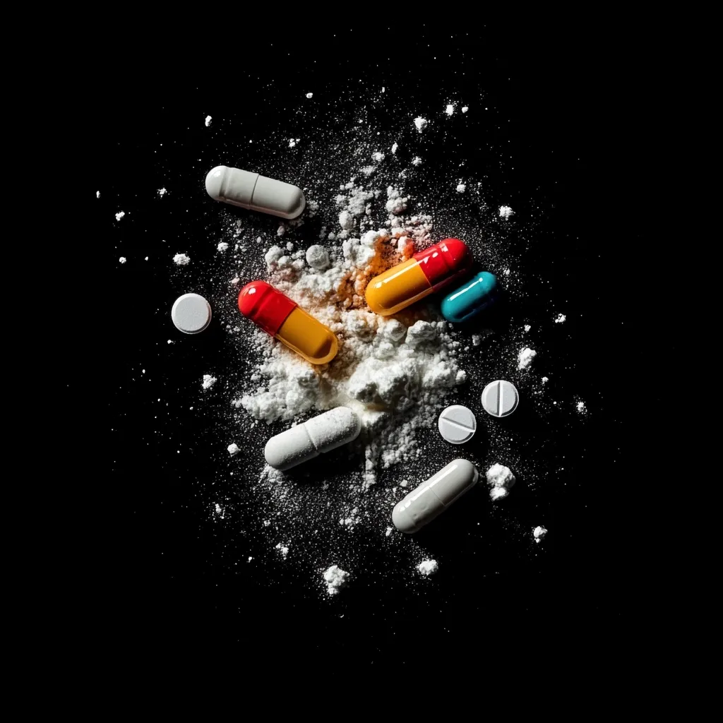 Several pills and capsules are scattered on a pile of white powder against a black background.  The capsules are various colors including red, yellow, and blue.  The scene suggests drug use or the aftermath of drug preparation. White round pills are also visible, mixed in with the powder. The image is dark and dramatic, emphasizing the potential dangers of substance abuse.