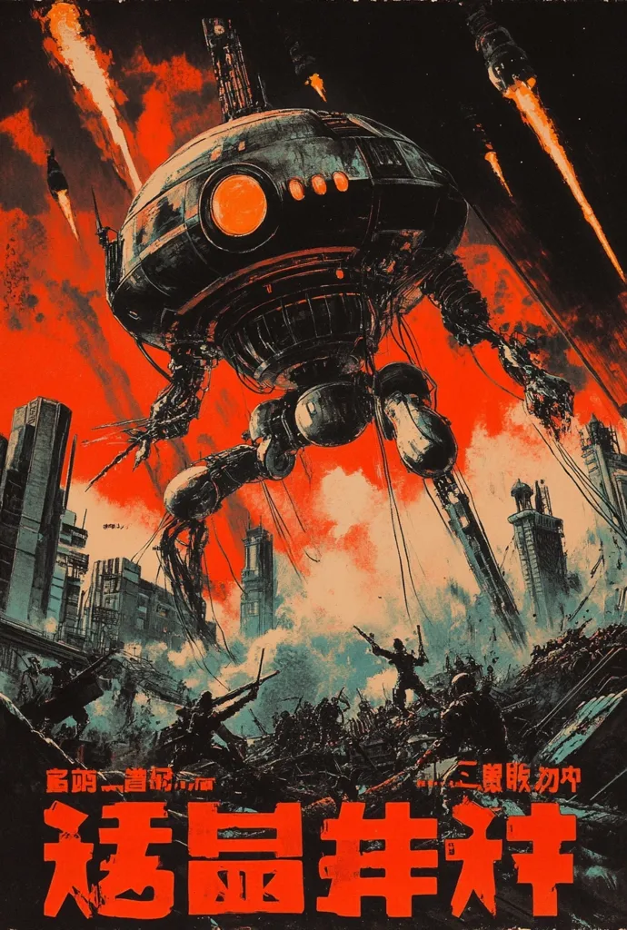 A dramatic poster depicts a colossal, tripodal war machine looming over a city under siege.  The machine is dark, metallic, with glowing orange internal lights, and long spindly legs.  Soldiers fight amidst the rubble below, missiles streak across a fiery, orange sky.  The overall style is gritty and evocative of classic science fiction war films.  Chinese characters dominate the bottom, likely the film title.