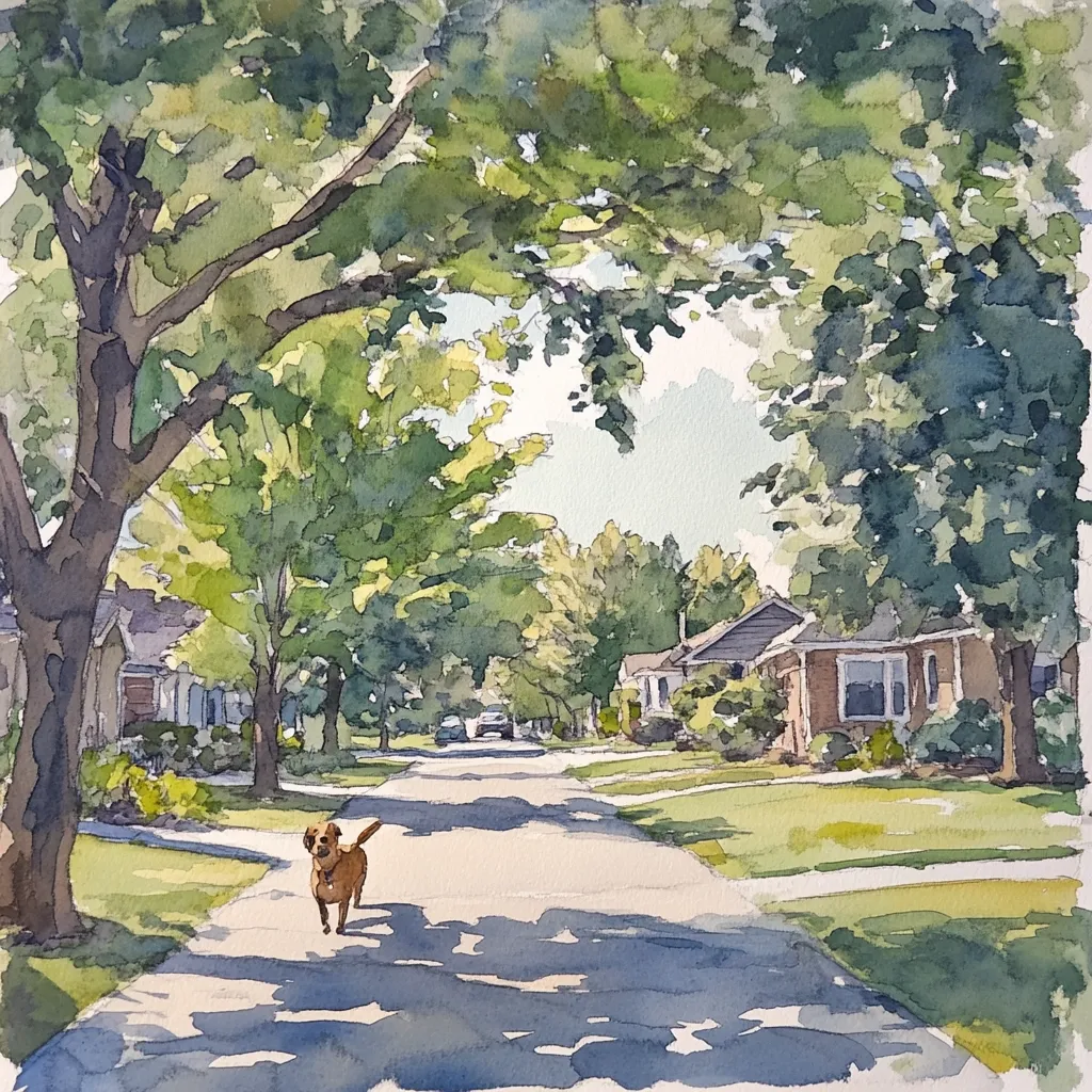 A watercolor painting depicts a sun-drenched suburban street lined with lush green trees.  Houses with well-kept lawns are visible down the road. A small, light brown dog trots down the center of the street, casting a shadow on the pavement.  The overall impression is one of peaceful, quiet suburban life on a summer day.