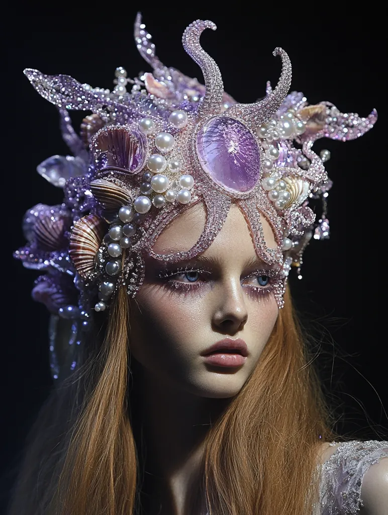 A young woman with long, flowing auburn hair models a breathtaking headpiece. The elaborate crown is adorned with iridescent purple shells, pearls, and a large, faceted amethyst centerpiece, evoking an underwater, ethereal aesthetic.  Her delicate makeup complements the crown's fantasy elements, creating a captivating and otherworldly image.