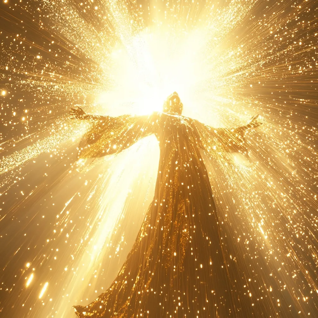 A radiant, golden figure, possibly an angel or deity, stands with arms outstretched, enveloped in a brilliant, shimmering light.  Golden particles stream outwards, creating an ethereal, heavenly effect. The figure's form is partially obscured by the intense light, enhancing its divine and transcendent nature.  The overall image evokes feelings of spirituality, power, and enlightenment.