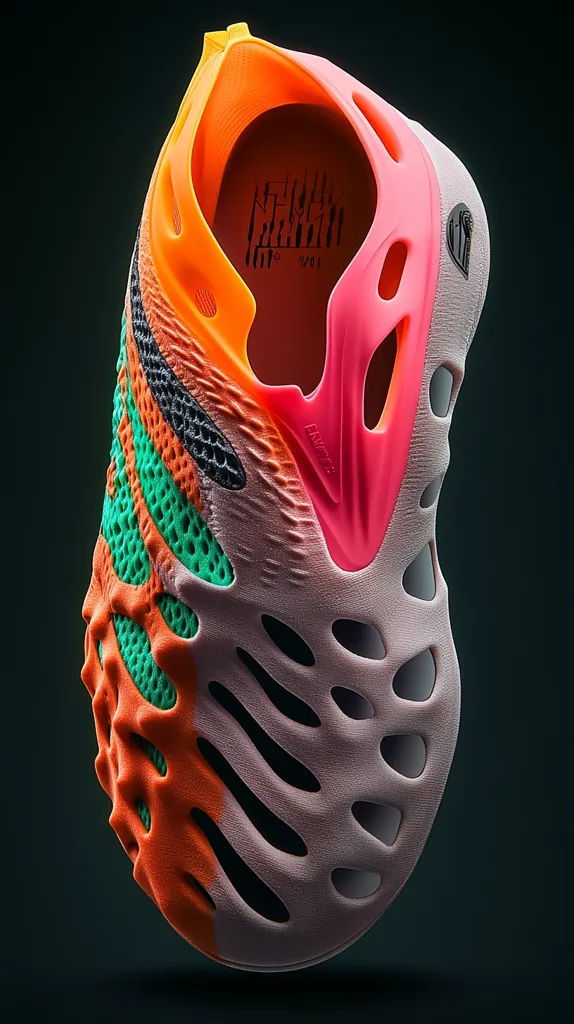 A vibrant, futuristic shoe design is showcased.  The shoe features a unique, sculpted upper with cutouts, primarily in muted pink and orange tones, accented with teal and black detailing. The inner lining is bright orange, contrasting sharply. The design appears lightweight and breathable, suggesting a focus on performance and innovation.  A logo is subtly visible inside.
