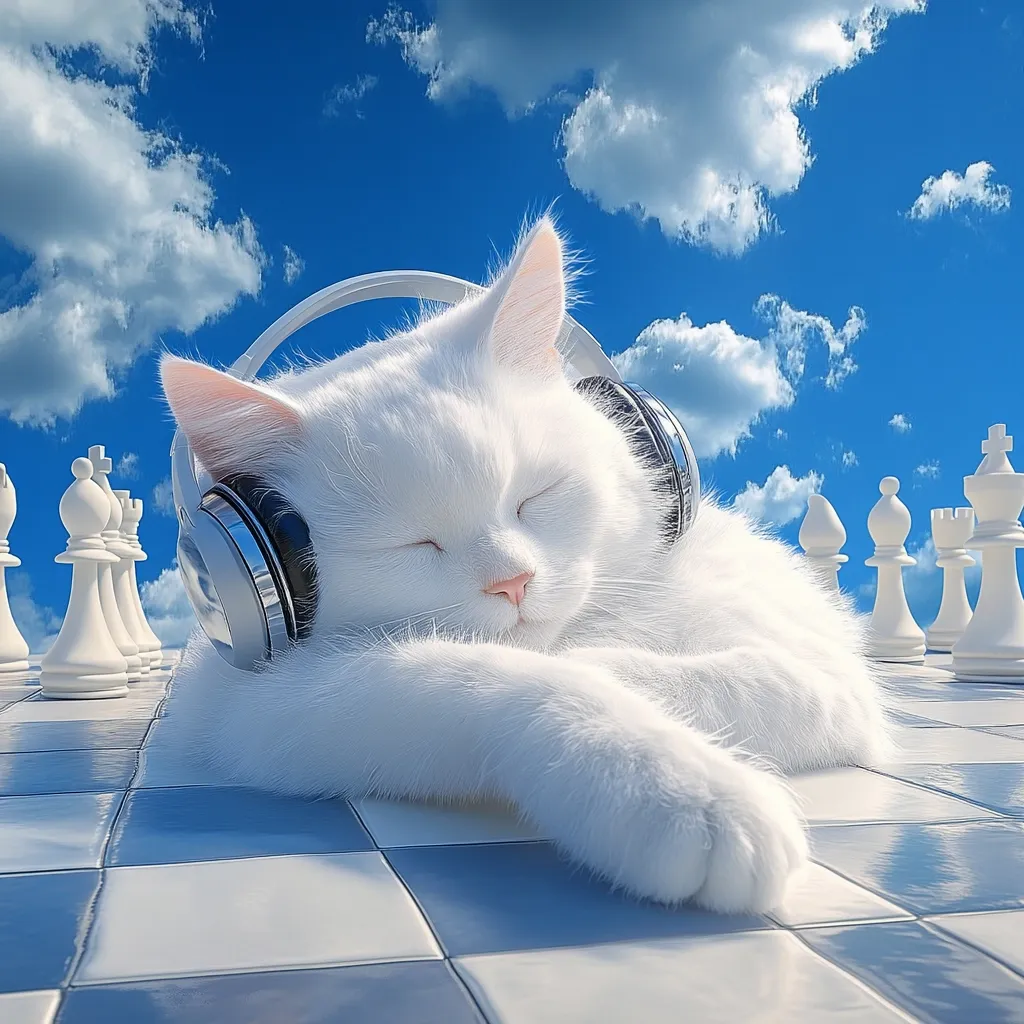A fluffy white cat, wearing silver headphones, peacefully sleeps on a giant chessboard under a bright blue sky filled with fluffy clouds.  The cat's eyes are closed, and its paws are relaxed.  White chess pieces stand in the background, adding to the serene and whimsical scene.