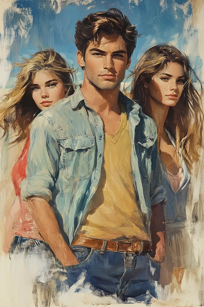 A painting depicts a young man standing between two women. The man, with his dark hair and tanned skin, wears a light blue denim shirt over a mustard-yellow t-shirt and blue jeans.  The women, with blonde hair, flank him, one in a red top and the other in a lighter colored dress.  The style is impressionistic, with visible brushstrokes and a slightly hazy background of blue sky. The overall mood is warm and romantic, suggesting a summer scene.