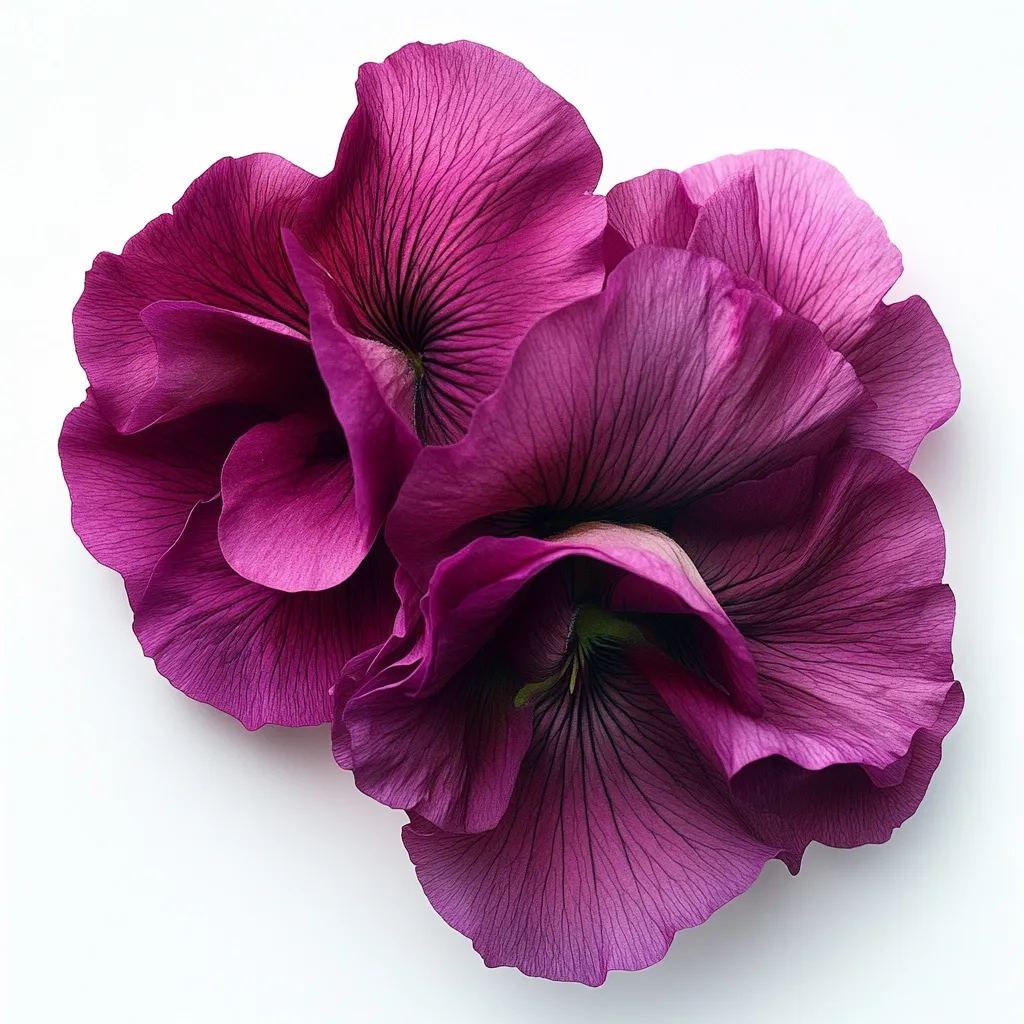 Close-up of two vibrant, deep purple flowers, possibly sweet peas, arranged against a stark white background.  The petals are delicately veined, showcasing intricate details and a rich, saturated color. The blossoms are partially overlapping, creating a visually appealing composition.  The image emphasizes the flowers' texture and form.