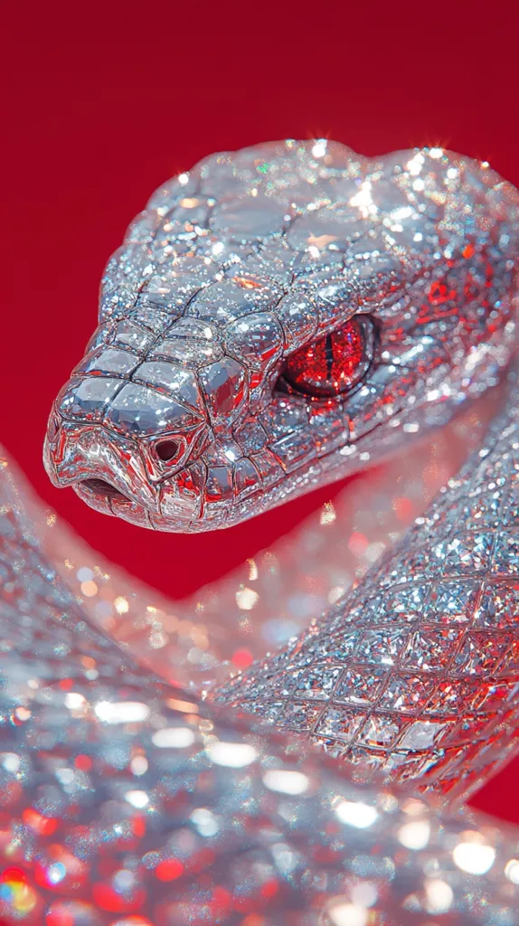 A close-up shot reveals a meticulously crafted snake, seemingly constructed from shimmering, multifaceted crystals.  Its scales catch the light, creating a dazzling display of brilliance.  The snake's head is prominently featured, showcasing a single, intense red eye that contrasts beautifully against the silvery scales. The background is a vibrant, deep red, enhancing the overall dramatic effect.