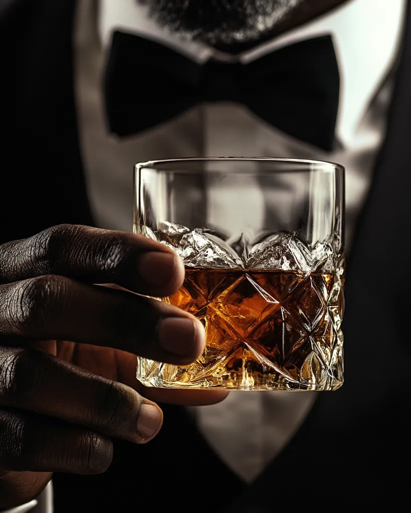 A close-up shot depicts a dark-skinned man in a tuxedo and bow tie holding a rocks glass of amber liquid, possibly whiskey.  His hand, dark and strong, cradles the glass, showcasing the cut crystal and the golden brown spirit within.  The image is sharply focused on the glass and hand, creating a sophisticated and dramatic effect. The background is blurred, drawing attention to the central elements.