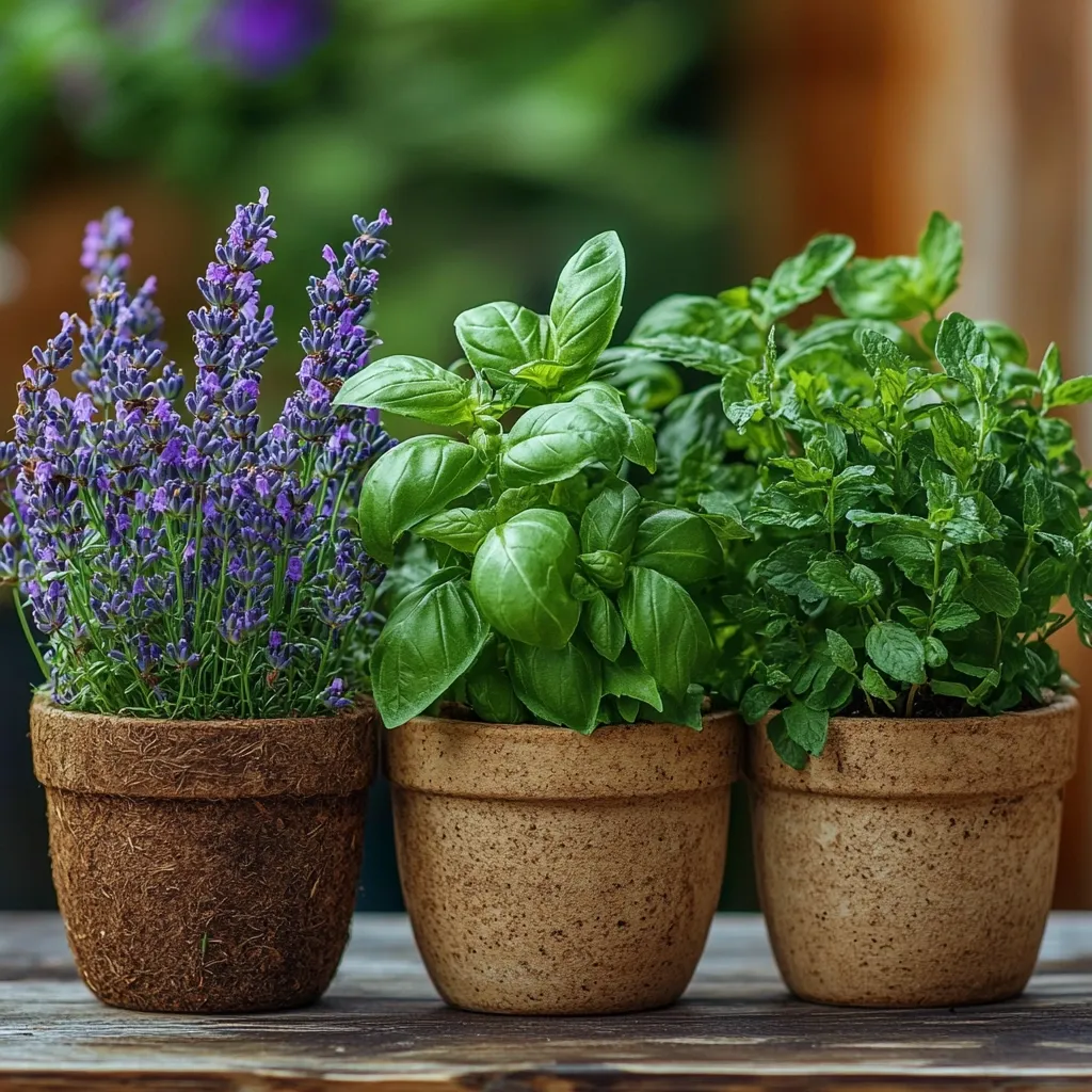 Three terracotta pots sit on a wooden surface, each containing a different herb.  A vibrant purple lavender plant is on the left, followed by lush green basil in the center, and refreshing mint on the right.  The pots are earthy-toned, and the background is blurred, focusing attention on the healthy herbs.  The image evokes a feeling of fresh, homegrown ingredients.