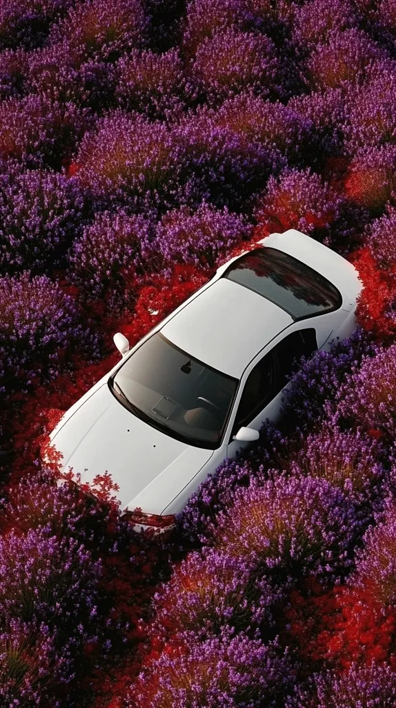A white car is nestled within a vibrant field of purple lavender and interspersed red flowers.  The overhead shot showcases the car partially submerged in the blossoms, creating a striking contrast between the vehicle's clean lines and the profusion of colorful blooms. The scene is serene and visually captivating.