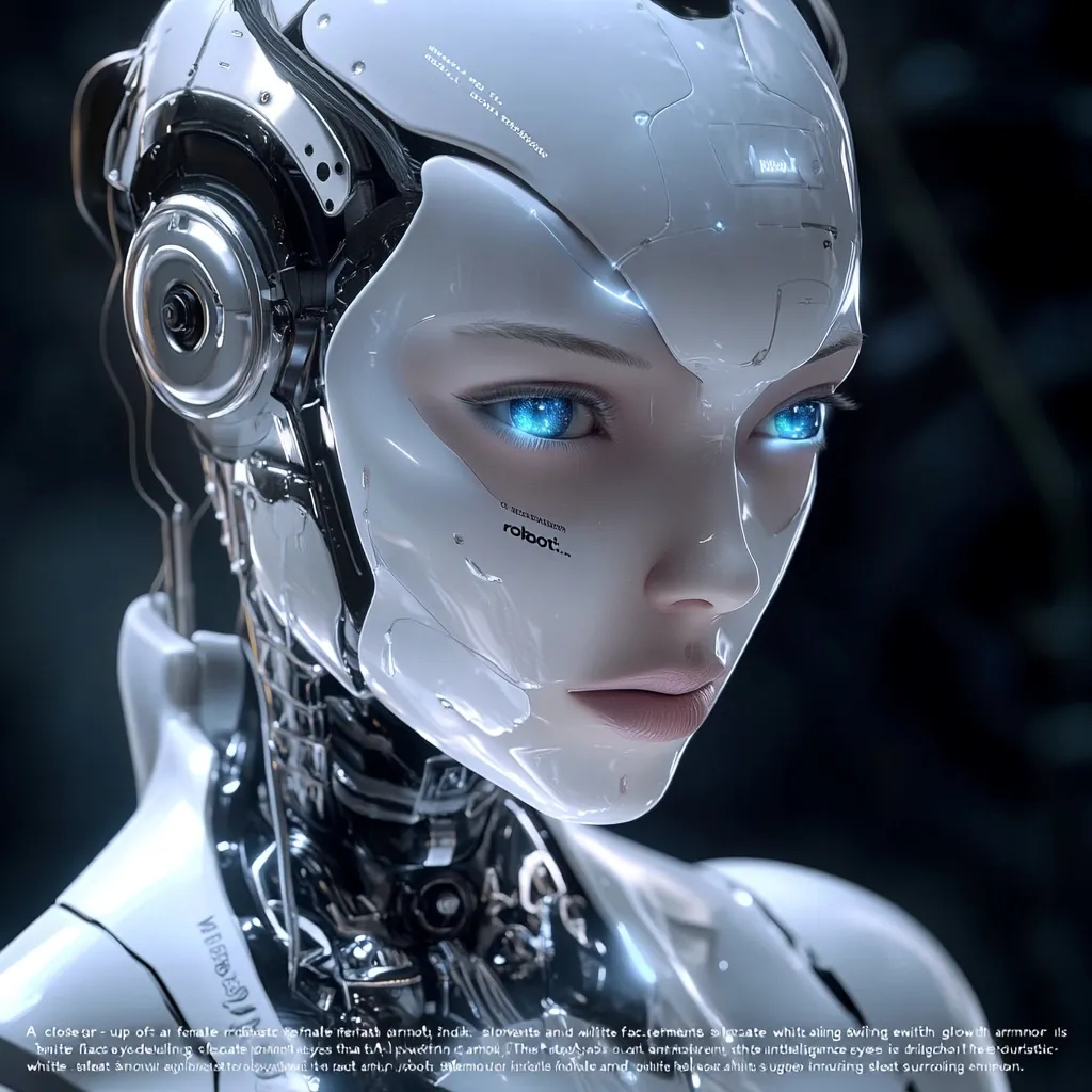 A close-up reveals a female robot's face, its white armor sleek and intricate.  Glowing blue eyes and a delicate, almost human-like face contrast sharply with the metallic structure.  The robot's design blends futuristic technology with feminine features, creating a striking visual.  The image is highly detailed, showcasing the craftsmanship of the digital artistry.