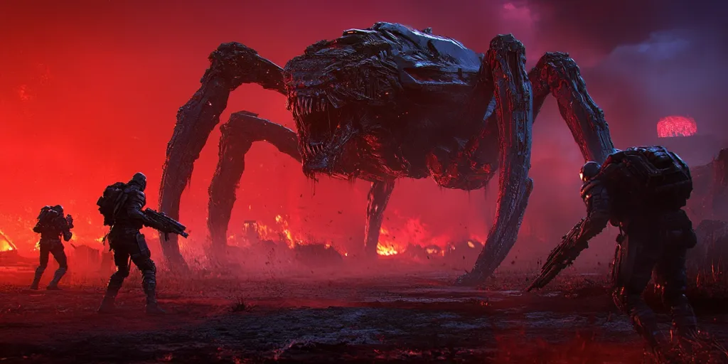 A colossal, arachnid-like creature looms over a desolate, fiery landscape.  Two heavily armed soldiers, silhouetted against the crimson sky, confront the monstrous being.  Flames rage in the background, suggesting a battle-torn world.  The scene is grim and ominous, hinting at a desperate struggle for survival.