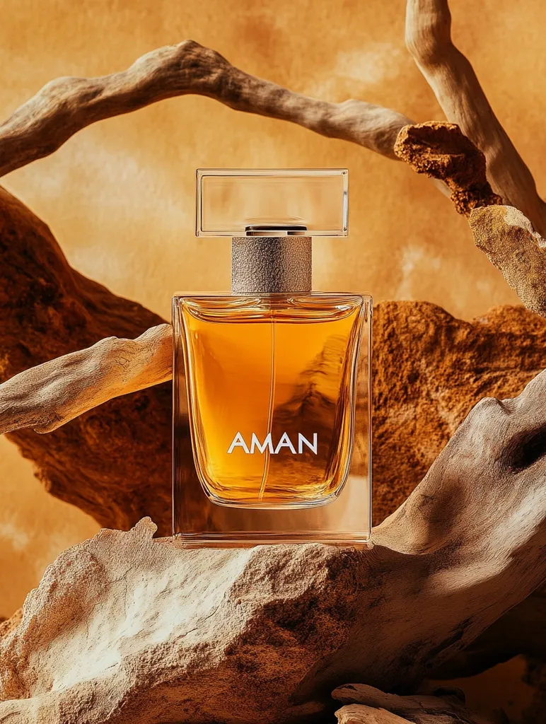 A bottle of Aman perfume rests on a rough, light-brown rock. The amber-colored perfume is housed in a clear, rectangular bottle with a silver cap. The brand name, "AMAN," is subtly printed on the bottle. The background features a warm, earthy tone and a piece of driftwood, creating a natural and luxurious ambiance.  The overall image conveys a sense of serenity and sophistication.