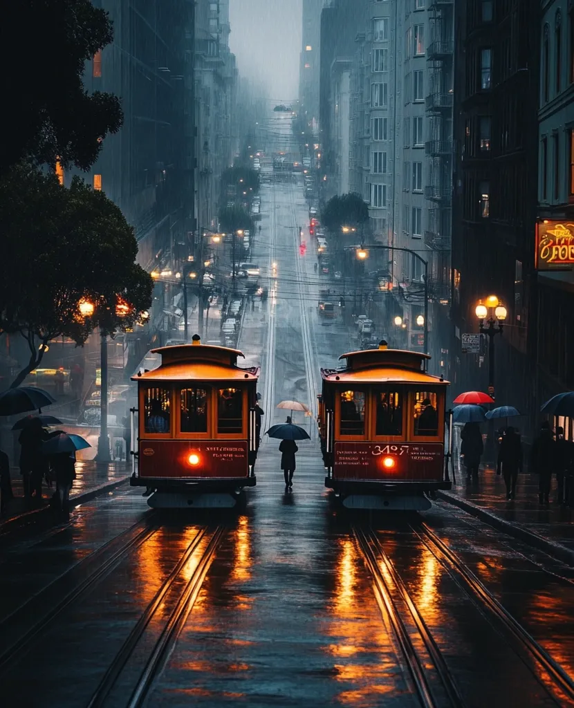 Two San Francisco cable cars ascend a rain-slicked street, their warm lights reflecting on the wet asphalt.  People with umbrellas walk along the sidewalks, creating a picturesque scene of urban life under a gloomy sky.  Tall, dark buildings line the street, adding to the atmospheric ambiance of a rainy city night. The scene is evocative of classic San Francisco imagery.