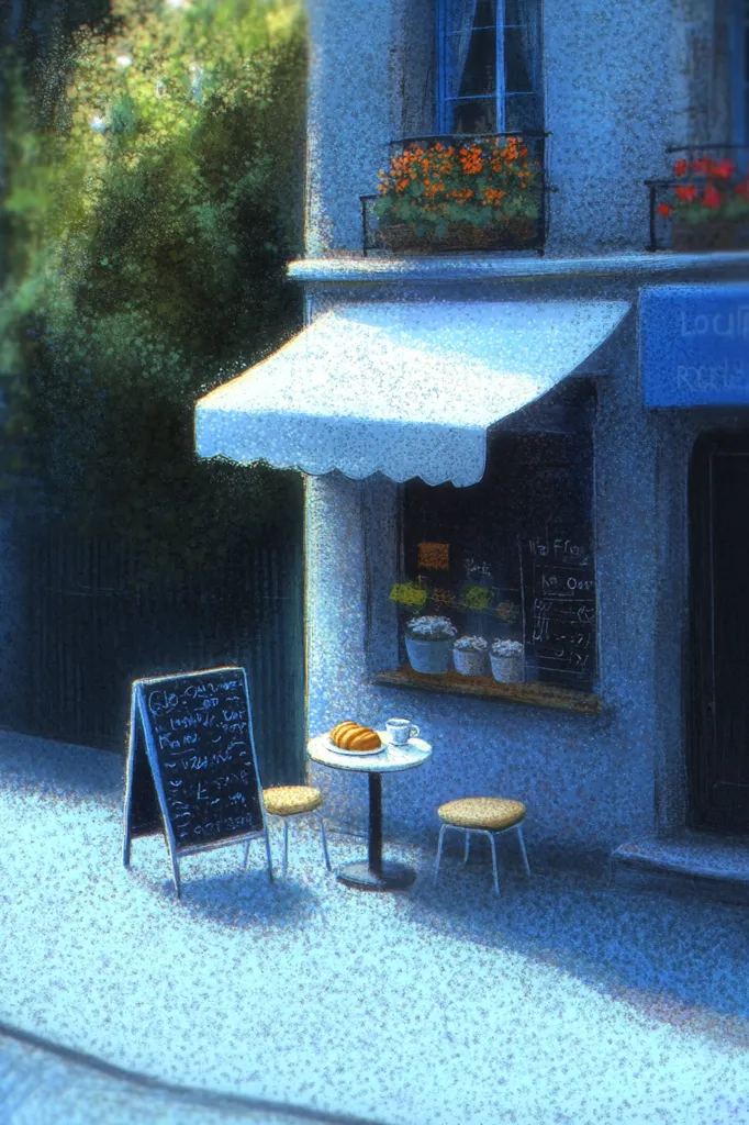 A charming Parisian cafe scene is depicted. A small, quaint eatery with a white awning displays a chalkboard menu, showcasing pastries and drinks.  Two small, simple stools sit at a tiny table outside, where a croissant and coffee rest. Flower boxes adorn the window, and the building is rendered in muted blues and grays, creating a peaceful, sun-drenched ambiance.  The overall style is soft and painterly.