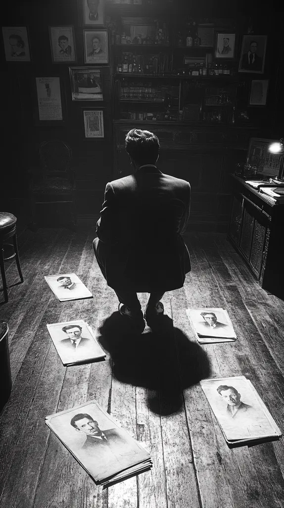 A man sits crouched on a wooden floor, surrounded by scattered photographs of men.  The room is dimly lit, with antique wooden shelves filled with various objects lining the wall behind him.  The overall atmosphere is somber and reminiscent of a historical archive or study. The images are black and white, adding to the vintage feel. The man appears contemplative, his back to the camera.