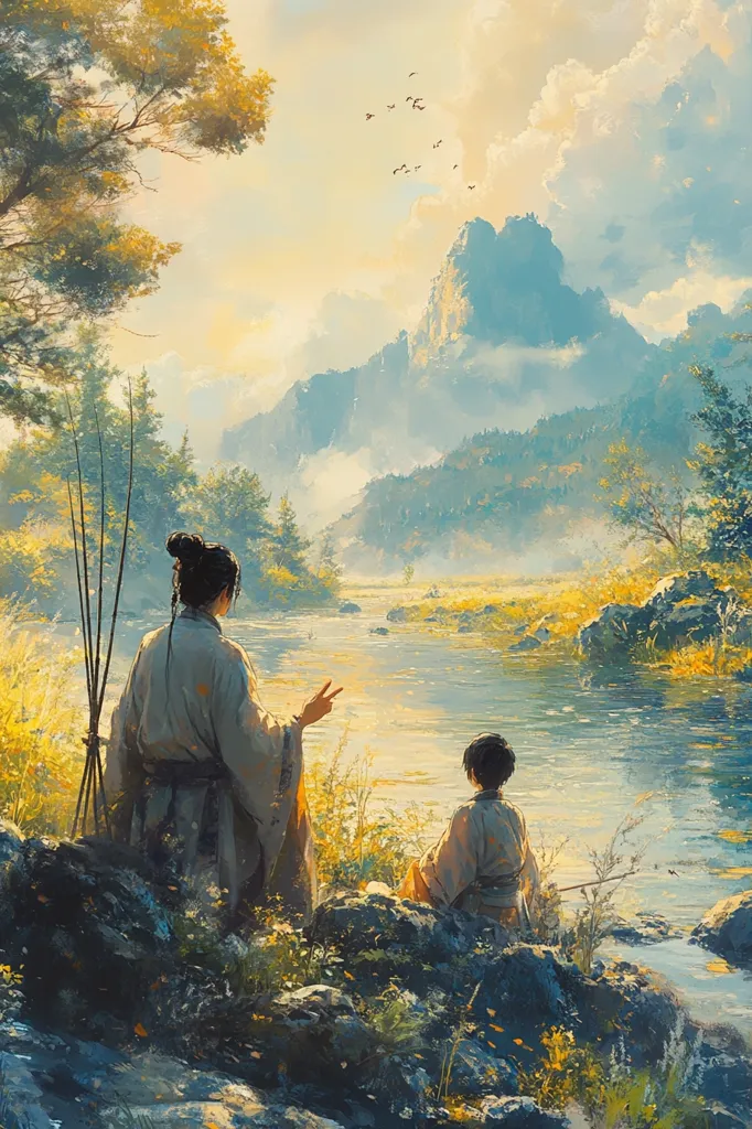 A serene landscape unfolds, showcasing a woman and child by a tranquil river.  The woman, dressed in flowing robes, gestures towards a majestic mountain range in the distance, bathed in the soft light of a setting sun. Birds fly overhead against a pale sky.  The scene evokes a sense of peace and tranquility, reminiscent of East Asian art.  The child sits quietly, possibly fishing, absorbing the idyllic surroundings.