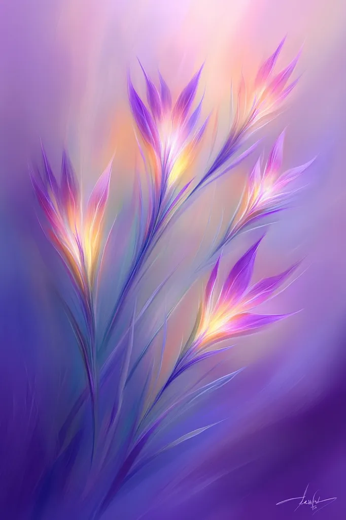A digital painting showcases a cluster of stylized flowers, their petals rendered in soft, pastel hues of purple, pink, and yellow. The blossoms appear translucent, with a gentle glow emanating from their centers. The stems are long and slender, creating a graceful, flowing composition against a muted purple backdrop. The overall effect is dreamy and ethereal.