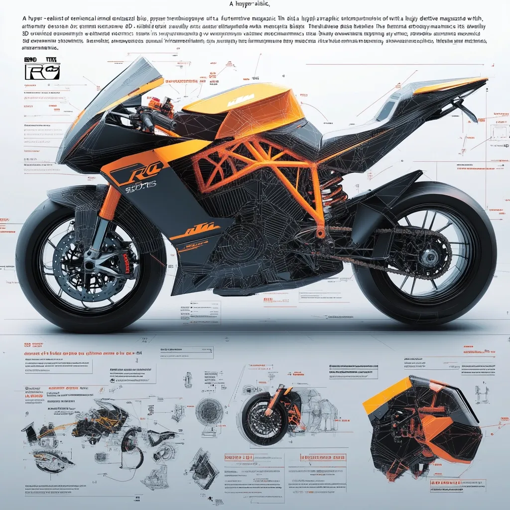 A hyperrealistic illustration of an orange and black KTM RC sports motorcycle is depicted.  The image features detailed technical drawings and exploded diagrams showing the bike's internal components and design.  The style is a blend of photorealism and technical illustration, highlighting both the aesthetic and mechanical aspects of the machine.  Surrounding the central image are various technical specifications and design notes.