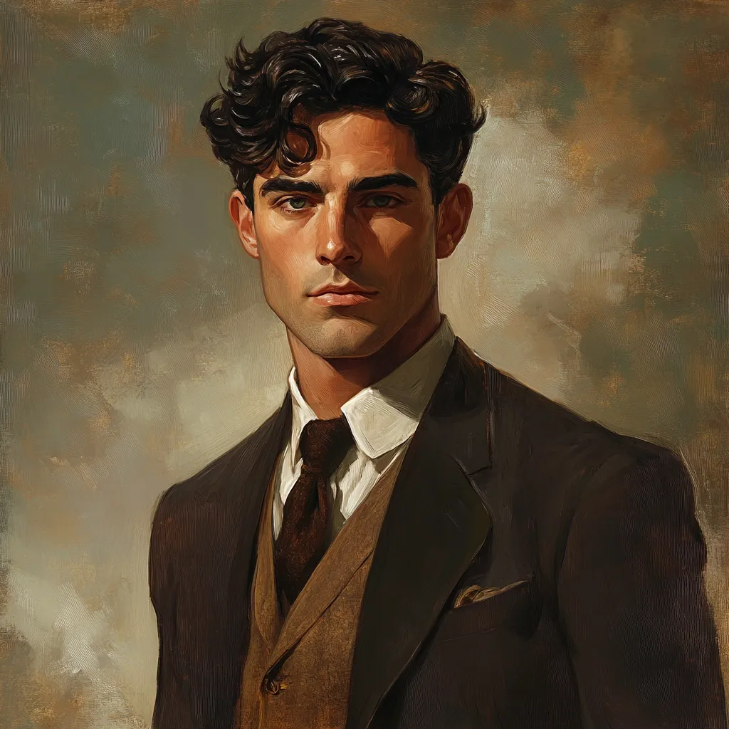 A stylized portrait of a young man in a three-piece suit.  He has dark, wavy hair and a serious expression.  The painting is rendered in a classical style with muted tones and visible brushstrokes, creating a sense of depth and texture. The background is a hazy, neutral color, drawing focus to the subject. The overall mood is one of quiet intensity and sophistication.