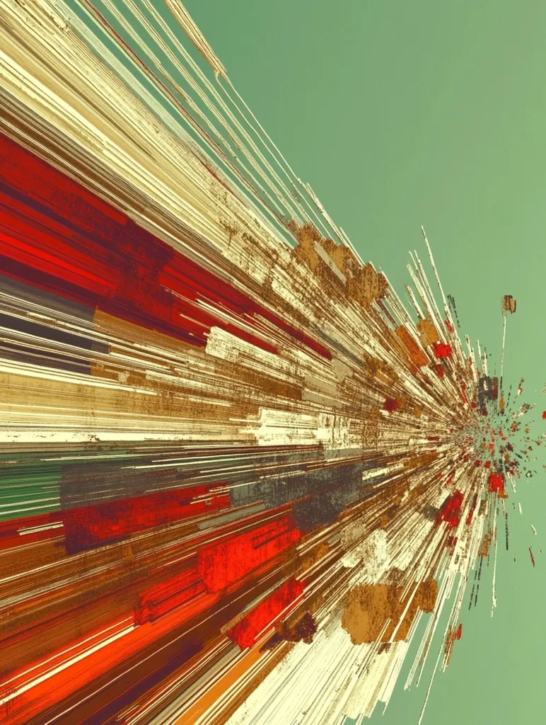 The image is an abstract composition of radiating lines and blocks of color.  The colors are predominantly earth tones – beige, brown, red, and orange – with accents of green and gray. The lines converge at a central point, creating a sense of movement and energy, radiating outwards like a burst of light or an explosion. The textured appearance suggests a painted or digitally manipulated effect. The overall aesthetic is modern and dynamic.
