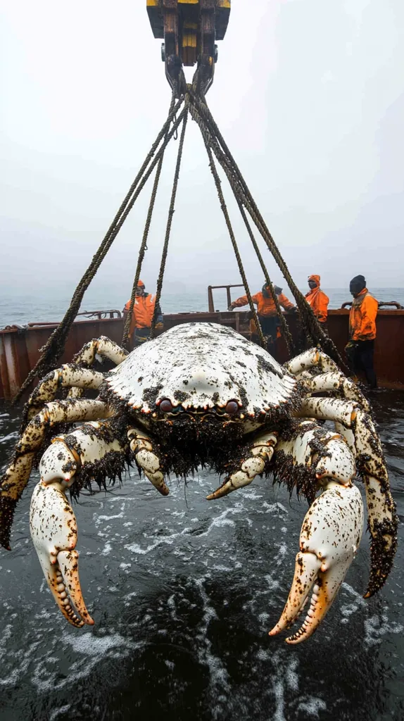 A colossal crab, seemingly enormous, is hoisted from the water by a crane.  Several fishermen in orange overalls oversee the operation from a barge. The crab's shell is predominantly white, speckled with dark patches of marine growth. The scene is set against a grey, overcast sky and dark water, emphasizing the crab's immense size and the scale of the catch.