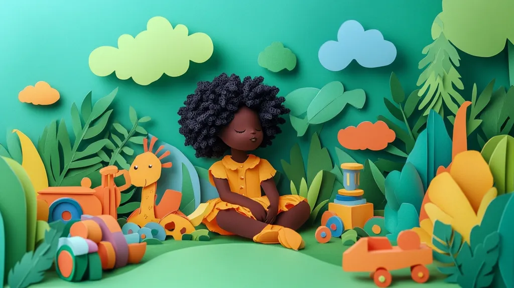 A papercraft scene depicts a serene Black girl with an afro, seated amidst vibrant, colorful foliage and playful toys.  A whimsical giraffe, tractor, and other vehicles are scattered around her, creating a joyful and imaginative landscape. The bright, cheerful colors and playful design evoke a sense of childhood wonder and tranquility. The intricate details of the paper cutouts add to the overall charm.