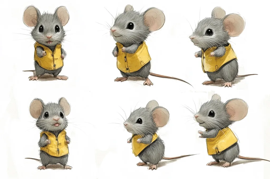 Six adorable illustrations of gray mice, each wearing a tiny yellow vest.  The mice are depicted in various poses, some standing upright, others slightly angled. Their large eyes and small bodies create a charming and endearing image.  The artwork is detailed, showcasing soft fur and subtle shading.