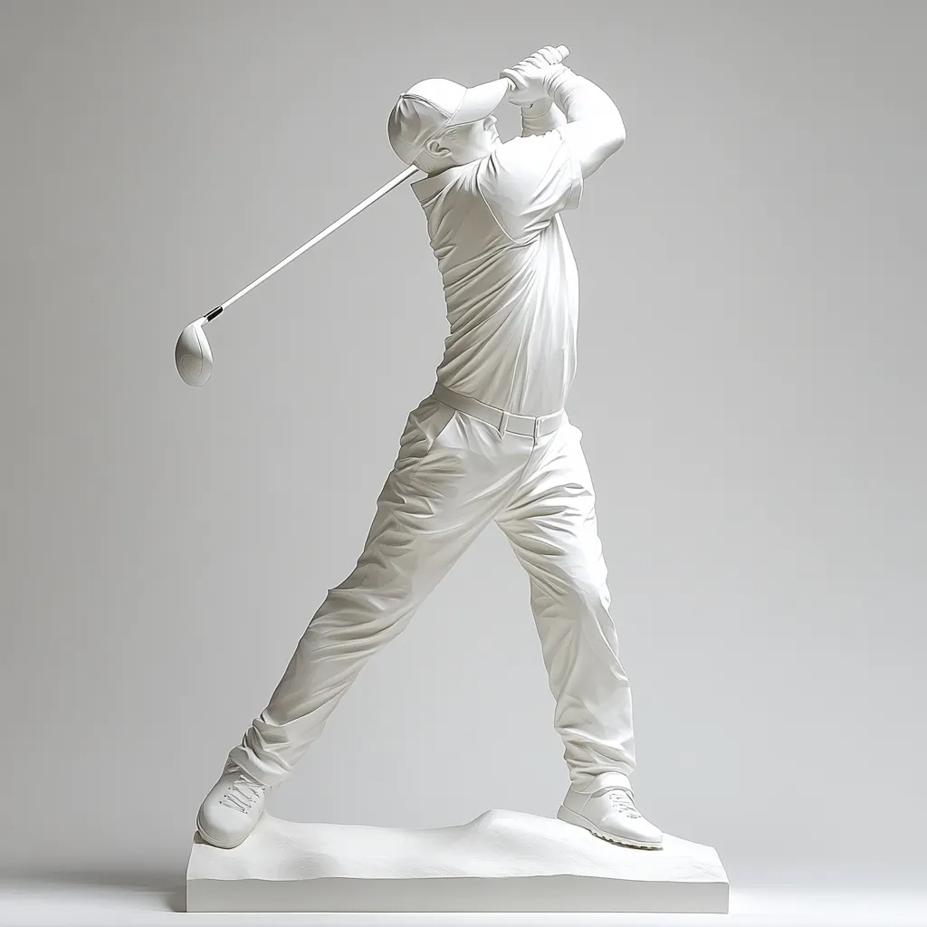 A monochromatic sculpture depicts a golfer mid-swing.  Crafted from a smooth, white material, the figure is dynamic, capturing the powerful motion of the sport. The golfer's form is realistically rendered, with detailed clothing and posture. The sculpture rests on a simple, white base suggesting a golf course.  The overall effect is clean, elegant, and evocative of athletic grace.
