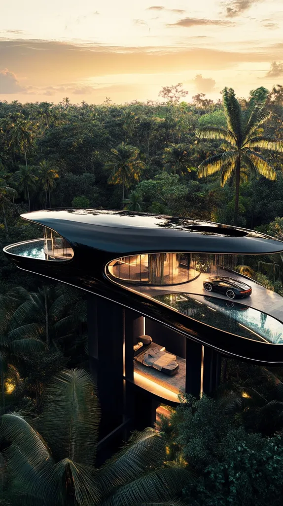 A futuristic, black, cantilevered house is nestled within a lush, tropical forest.  The home's sleek, organic design features a glass-walled interior, showcasing a bedroom and a car parked inside.  A small infinity pool is integrated into the structure.  The sunset casts a warm glow on the surrounding palm trees and dense foliage. The overall aesthetic is one of luxury and secluded tranquility.