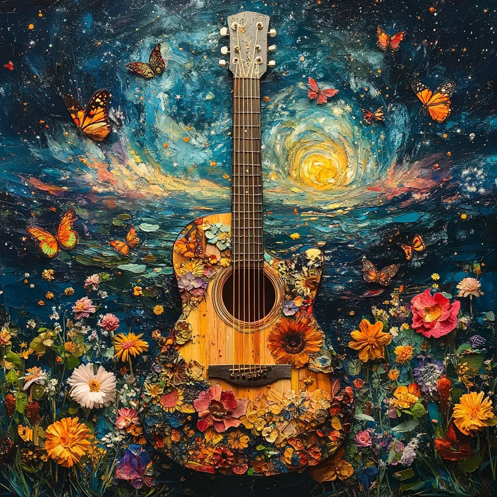 A vibrant painting depicts an acoustic guitar adorned with colorful flowers and butterflies. The guitar's body is a canvas of floral artistry, contrasting with the impasto style background, which resembles a starry night sky over a calm sea.  Butterflies flutter around the instrument, adding to the whimsical and surreal atmosphere. The overall effect is a harmonious blend of nature and music.