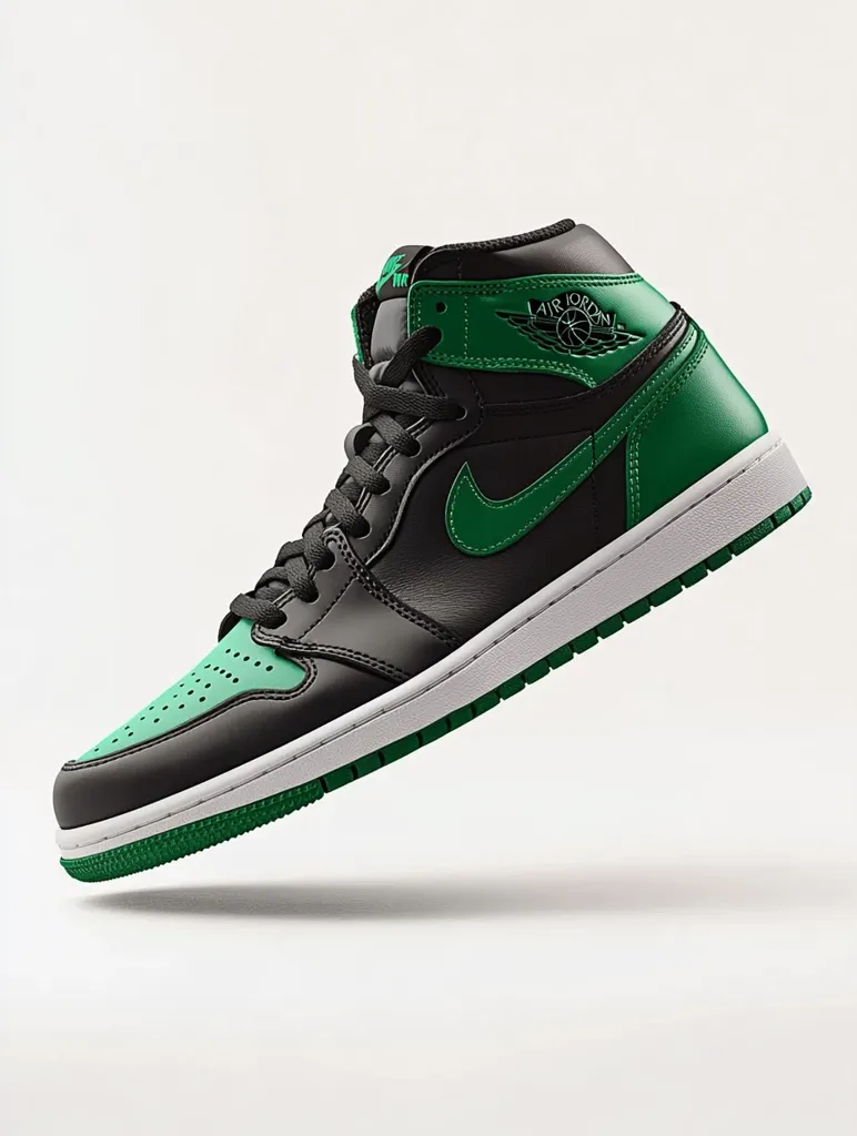 A black and green Air Jordan 1 high-top sneaker is shown in a dynamic pose, suspended in mid-air against a stark white background.  The shoe's details are sharply defined, showcasing the black leather upper, green accents on the swoosh and heel, and the iconic Air Jordan Wings logo. The sole is white with a green edge. The image highlights the shoe's design and style.