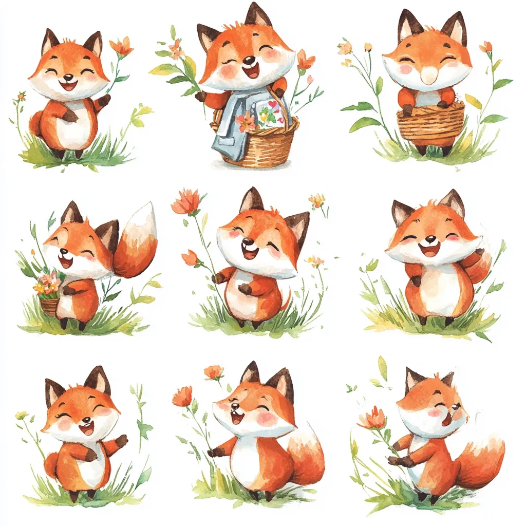 Nine watercolor illustrations depict adorable cartoon foxes in various poses amidst wildflowers.  Each fox displays a cheerful expression, some holding flowers or baskets.  The style is charming and whimsical, suitable for children's books or prints.  The foxes are orange and white, set against a simple background of green grass.
