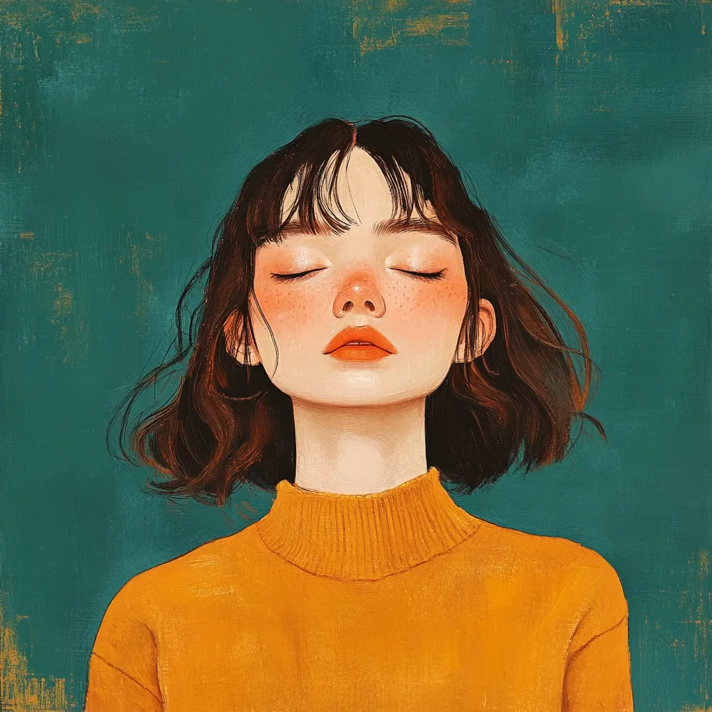 A digital painting of a young woman with short, dark brown hair and fair skin. Her eyes are closed, and she has freckles on her cheeks.  She's wearing a mustard-yellow turtleneck sweater. The background is a teal, textured surface. The style is reminiscent of soft, painterly illustration. The overall mood is serene and peaceful.