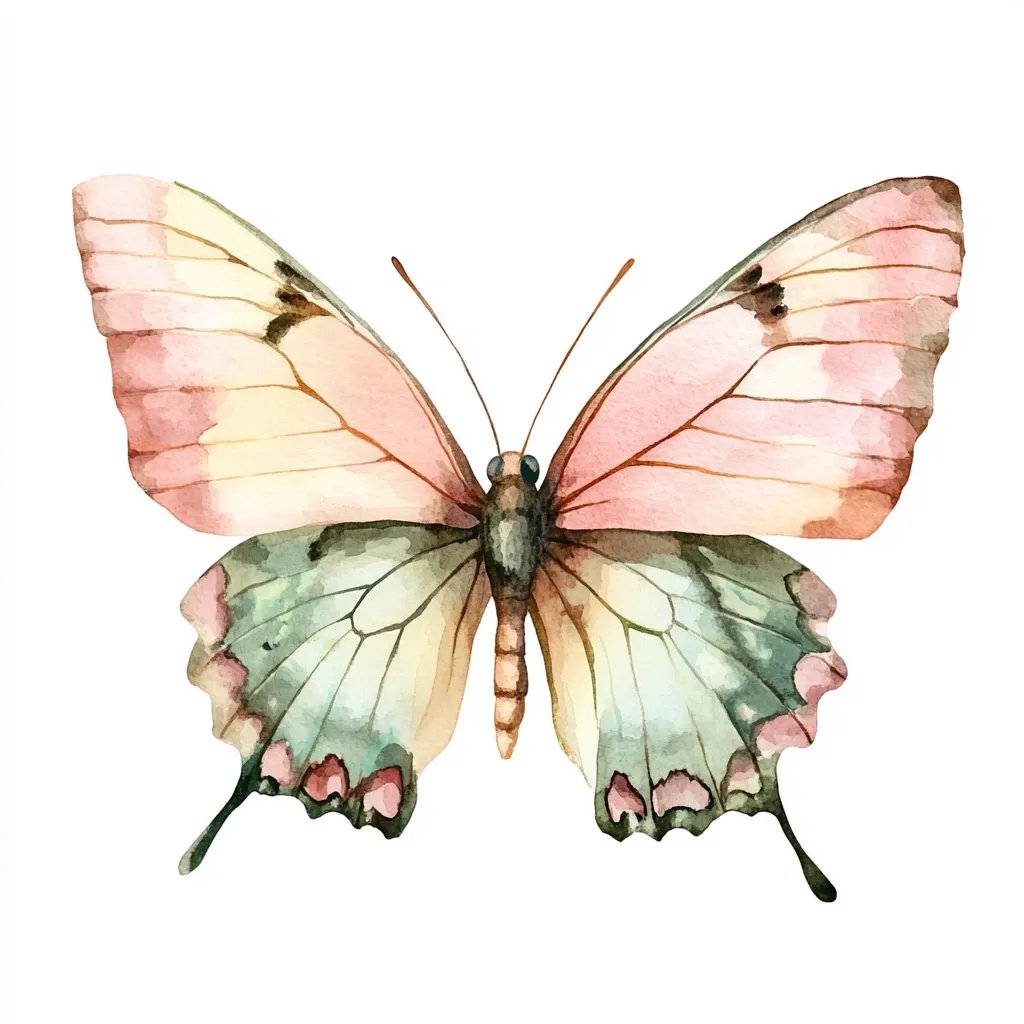 A watercolor painting depicts a butterfly with delicate, pastel wings.  The upper wings are soft pink and cream, while the lower wings are a muted teal, accented with pink detailing along the edges.  The body is dark brown and grey.  The butterfly is presented in profile view against a stark white background, emphasizing its ethereal beauty.