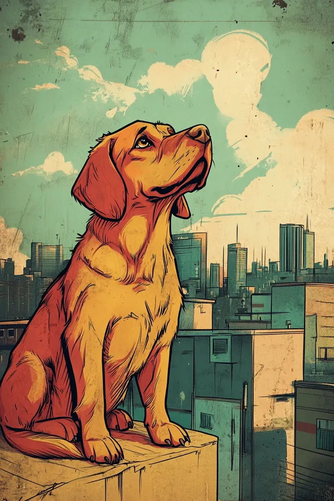A stylized illustration depicts a golden retriever sitting atop a rooftop, gazing upward at a cityscape under a light blue, cloudy sky.  The dog is rendered in warm, orange tones, contrasting with the cool greens and muted browns of the urban background. The artwork has a vintage, slightly grunge aesthetic, suggesting a nostalgic or contemplative mood. The city skyline is visible in the distance, featuring various buildings of different heights.