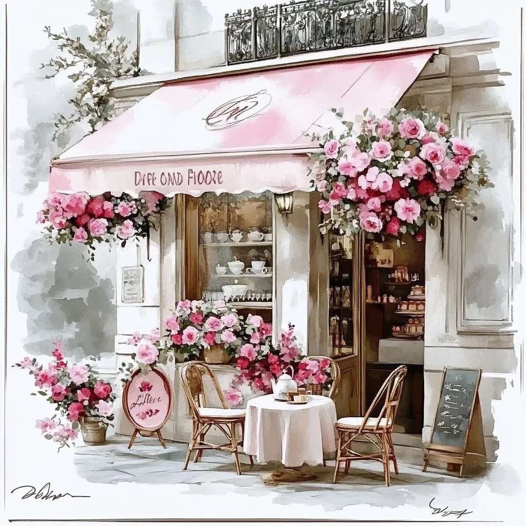 A charming watercolor painting depicts a Parisian cafe, "Diff and Fiore," adorned with pink roses cascading from hanging baskets and window boxes.  A pink awning shades the quaint storefront, displaying teacups and pastries inside.  A small, intimate table with two wicker chairs sits outside, set for tea, creating a serene and romantic atmosphere. The overall style is soft and delicate, emphasizing the beauty of the Parisian setting.