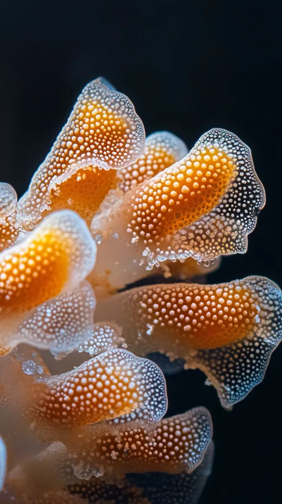 A close-up reveals a vibrant orange and white sea creature, possibly a nudibranch, its surface adorned with numerous small, translucent dots. The intricate details of its textured skin are highlighted against a dark background.  The creature's shape is reminiscent of delicate, overlapping petals or leaves, showcasing a striking contrast of colors and textures. Its translucent edges add to its ethereal beauty.