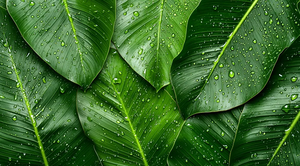 A close-up shot reveals vibrant green leaves, richly textured with prominent veins, glistening with numerous water droplets.  The overlapping leaves create a lush, tropical feel.  The image showcases the natural beauty and intricate detail of the foliage, emphasized by the contrasting light and shadow on the wet surface.
