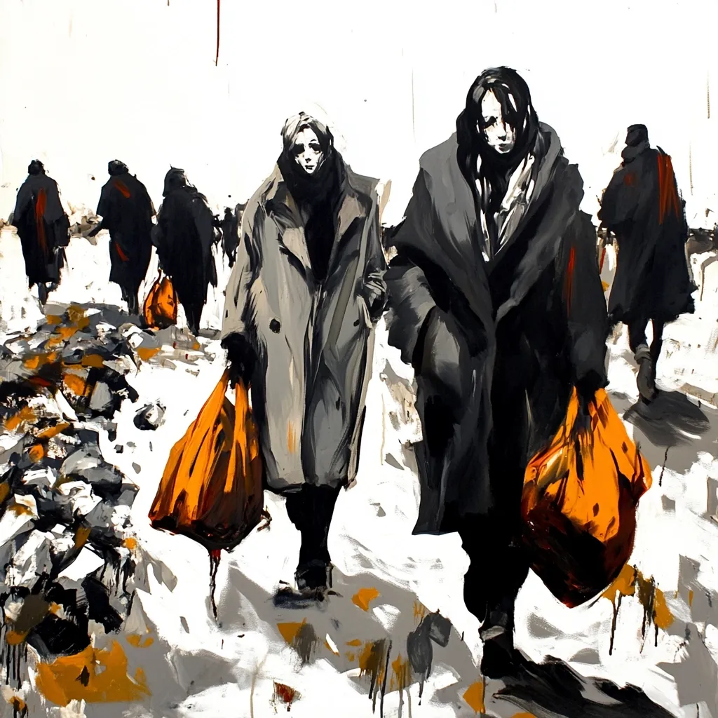 A stark, expressive painting depicts a group of figures trudging through a snowy landscape.  Two central figures, women in long coats carrying large orange bags, stand out against a backdrop of indistinct, moving people. The style is impressionistic, with loose brushstrokes and a muted color palette emphasizing the bleakness of the scene.  The overall mood is one of somberness and displacement.