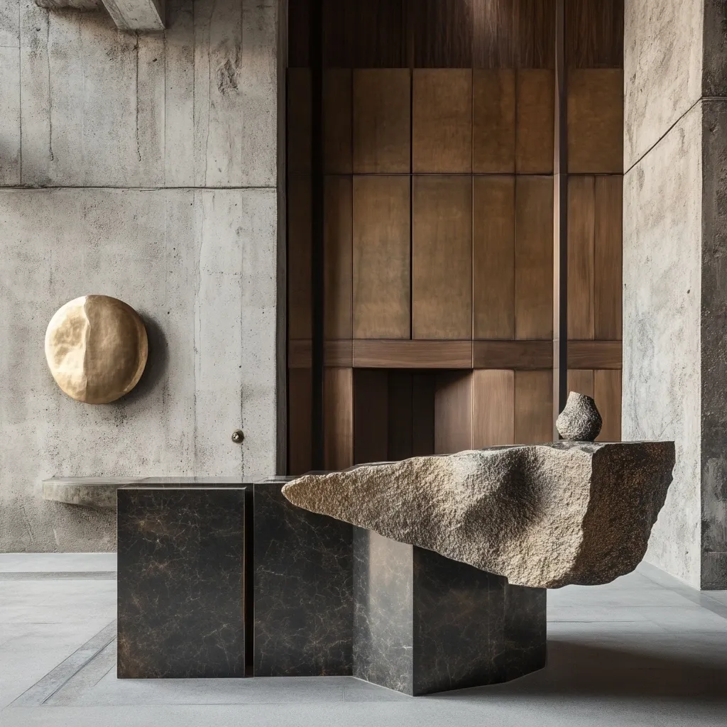 A minimalist interior features a striking raw granite countertop, seemingly sculpted from a single piece, resting on dark marble supports.  A wall of warm brown wood paneling contrasts with the cool grey concrete walls and a large, hammered gold circular wall piece.  The overall aesthetic is modern and serene, with a focus on natural materials and clean lines.  A small, dark vase sits atop the granite.