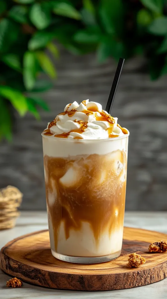 A tall glass filled with an iced coffee beverage sits on a wooden coaster.  The drink is layered with creamy whipped topping, drizzled with caramel, and shows a mix of coffee and milk.  A black straw is inserted. The background is blurred, featuring lush green foliage.  Crumbly, golden-brown granola-like pieces are scattered on the coaster.  The overall image evokes a refreshing, sweet coffee treat.