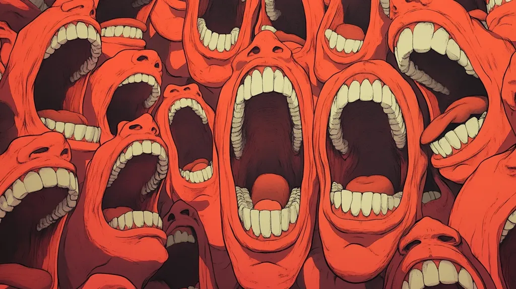 A chaotic illustration features numerous large, open mouths, predominantly orange-red, set against a similar background.  The mouths are detailed with rows of teeth and varying expressions, some showing tongues. The overall effect is one of overwhelming noise and a sense of urgency or panic. The style is reminiscent of surrealist art, with a focus on exaggerated features and unsettling imagery.