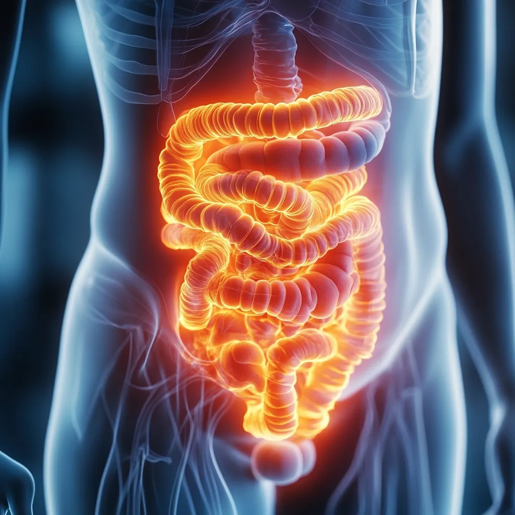 A 3D medical illustration showcases the human intestines, glowing intensely in orange and red hues against a translucent blue body.  The image highlights the intestines' complex structure and coiled arrangement within the abdomen.  The bright coloration likely symbolizes inflammation or digestive issues, suggesting a focus on gastrointestinal health.