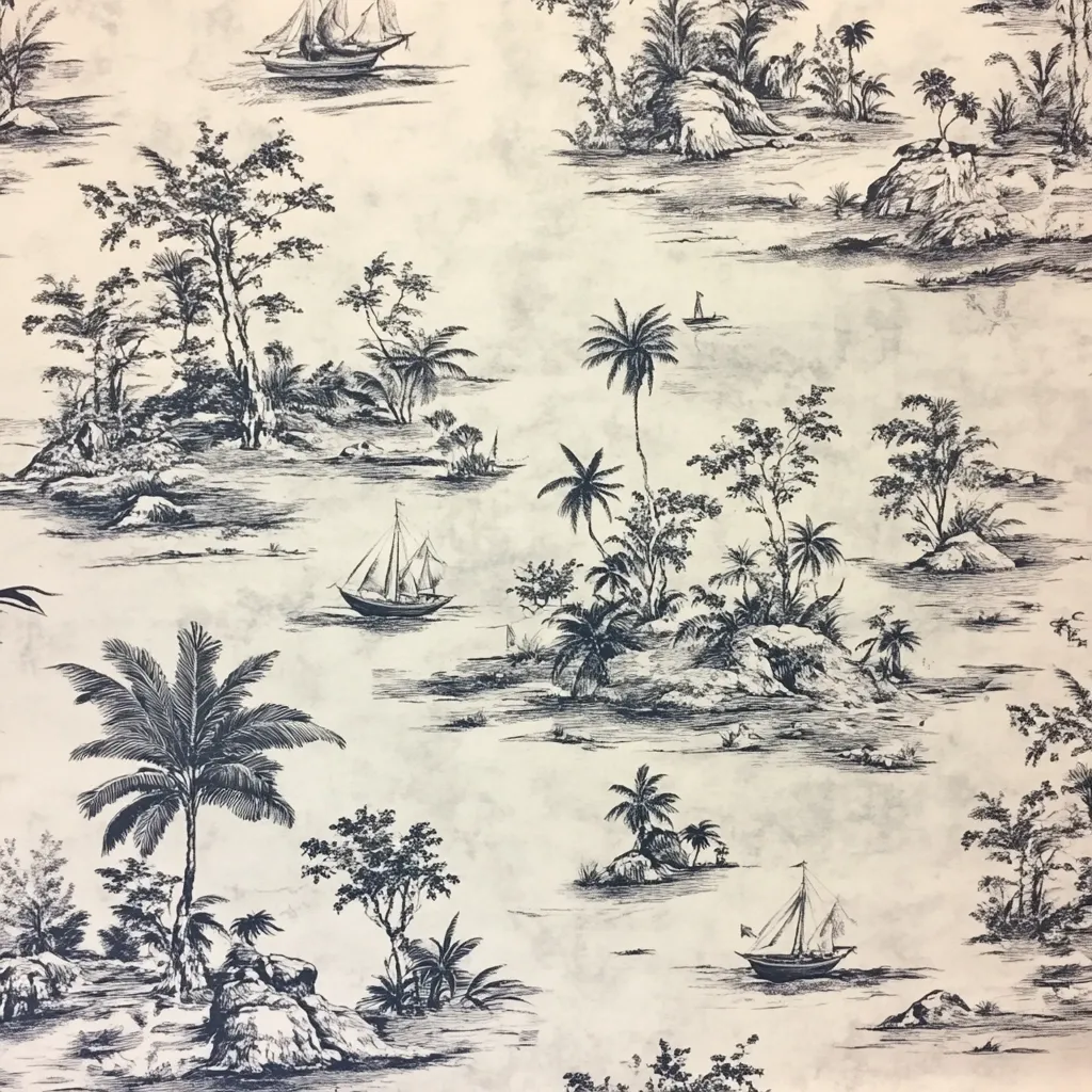 A beige fabric features a repeating pattern of idyllic tropical islandscapes.  Dark ink illustrations depict palm trees, lush vegetation, and small sailing ships on calm waters.  The style is reminiscent of antique toile, creating a serene and nautical aesthetic.  The islands are rendered with detailed pen-and-ink strokes, emphasizing the natural beauty of the scene.