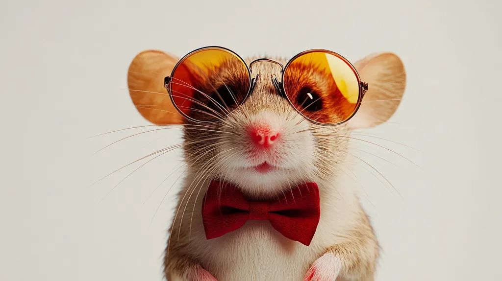 A charming mouse, dressed in a stylish red bow tie and sporting round, amber-tinted sunglasses, looks directly at the camera.  Its soft fur and expressive pink nose add to its adorable appeal. The overall image is light and bright, creating a playful and sophisticated mood.