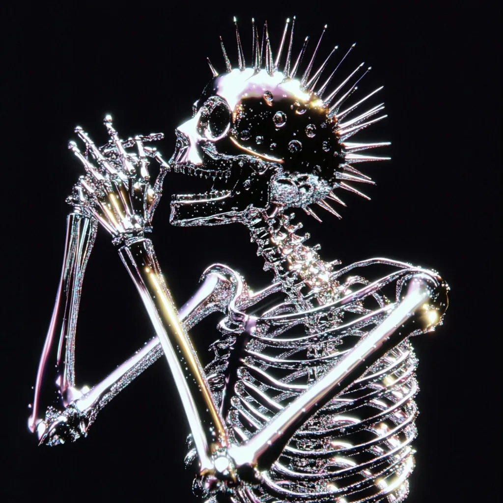 A chrome skeleton, adorned with a spiky mohawk, is depicted in a contemplative pose, hands clasped together near its face.  The skeletal structure is intricately detailed, appearing almost liquid or metallic, with a shimmering, iridescent quality against the stark black background.  The image possesses a dark, artistic, and slightly surreal aesthetic.