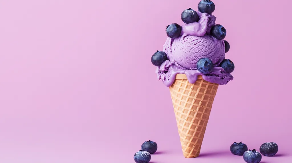 A waffle cone overflowing with vibrant purple blueberry ice cream is the centerpiece of this image.  Fresh blueberries adorn the melting ice cream, adding a burst of color and texture.  A few more blueberries are scattered on the pastel purple background, enhancing the visually appealing composition. The scene is bright and inviting, suggesting a refreshing and delicious treat.