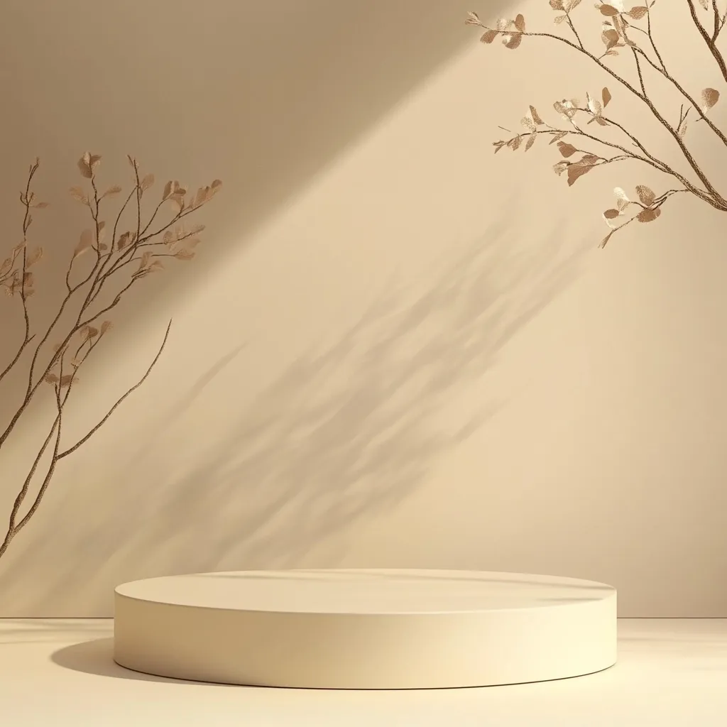A minimalist beige backdrop features a circular, cream-colored pedestal, centrally positioned.  Two dried, delicate branches frame the scene, their shadows cast subtly on the wall.  The overall aesthetic is serene and muted, suggesting a clean, modern product display or artistic composition.  The lighting is soft and diffused, enhancing the calm ambiance.