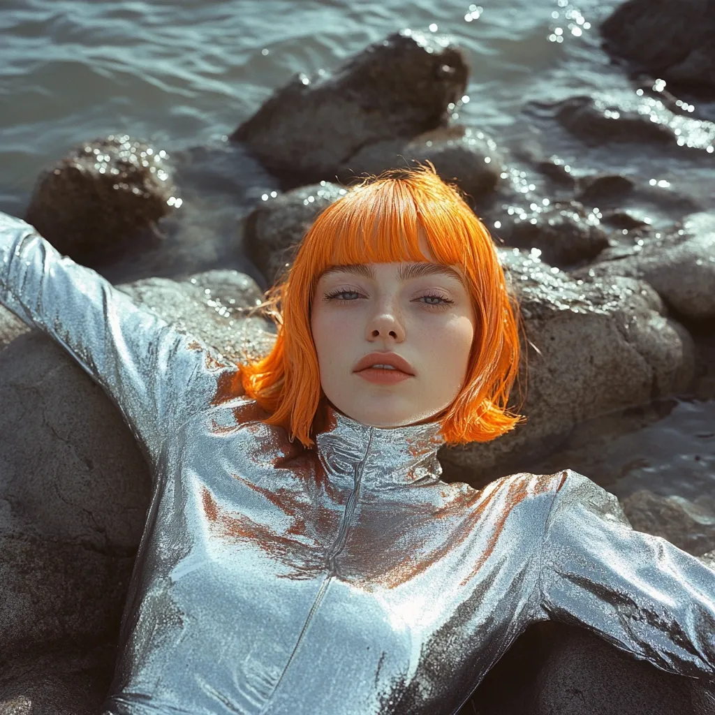 A young woman with vibrant orange hair, styled in a blunt bob, lies partially submerged in shallow water amongst dark rocks. She wears a shimmering silver, metallic bodysuit, the material appearing wet.  The sunlight glints off the water and her clothing, creating a dramatic, almost futuristic aesthetic. Her expression is serene and slightly pensive.