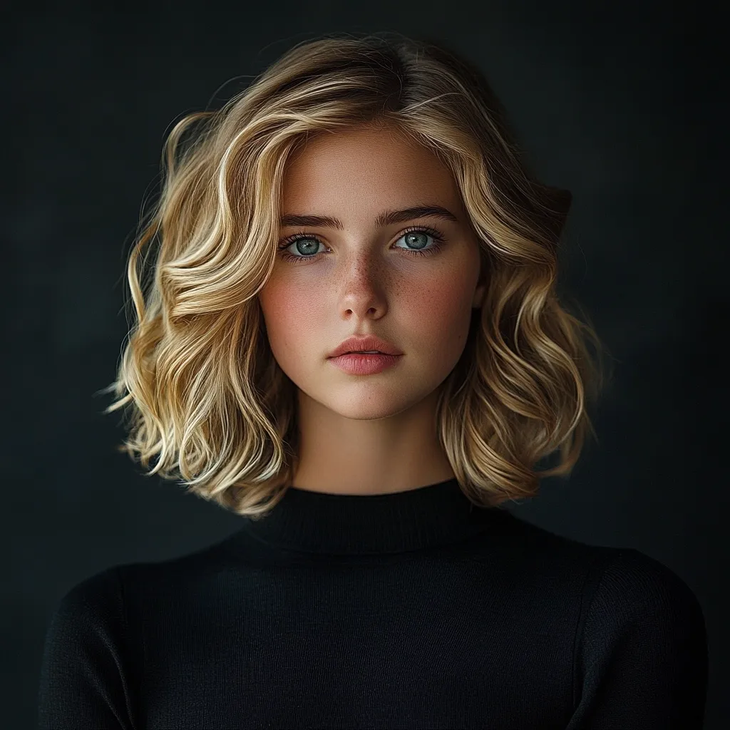 A young woman with light blonde, wavy shoulder-length hair stares directly at the camera.  She has fair skin, light freckles, and striking green eyes. Her expression is serious and composed.  She is wearing a simple black turtleneck sweater against a dark background. The image is a close-up portrait, emphasizing her features and hair texture.